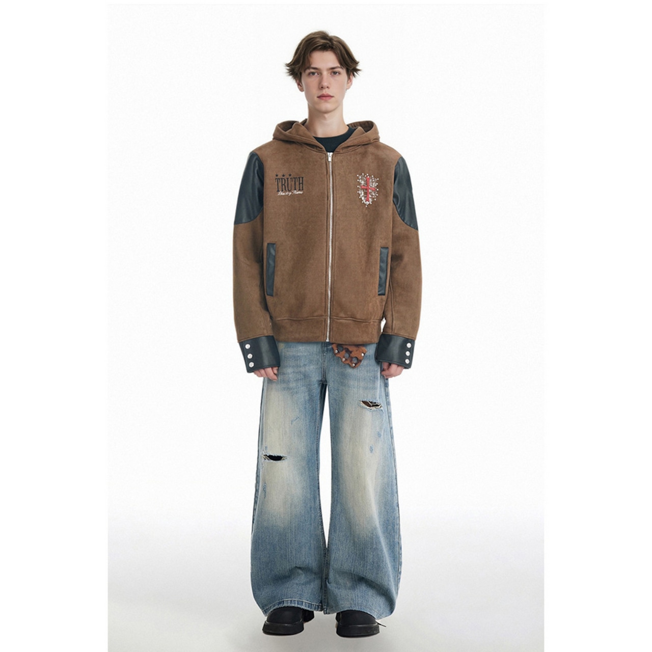 ストリート パッチPUレザー ジップパーカー T1888