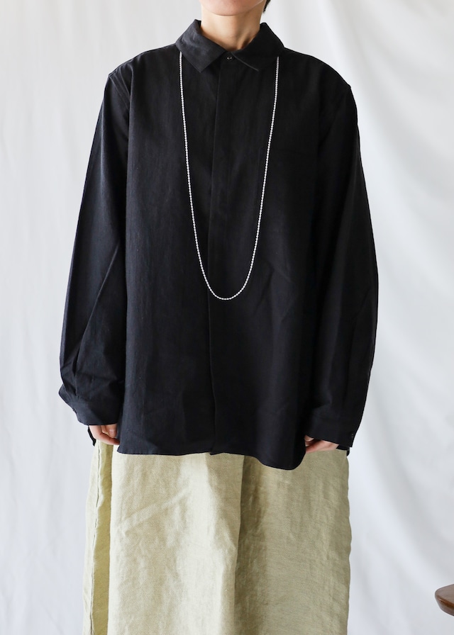 Vlas Blomme - Medium Linen Cotton 比翼シャツ - Black