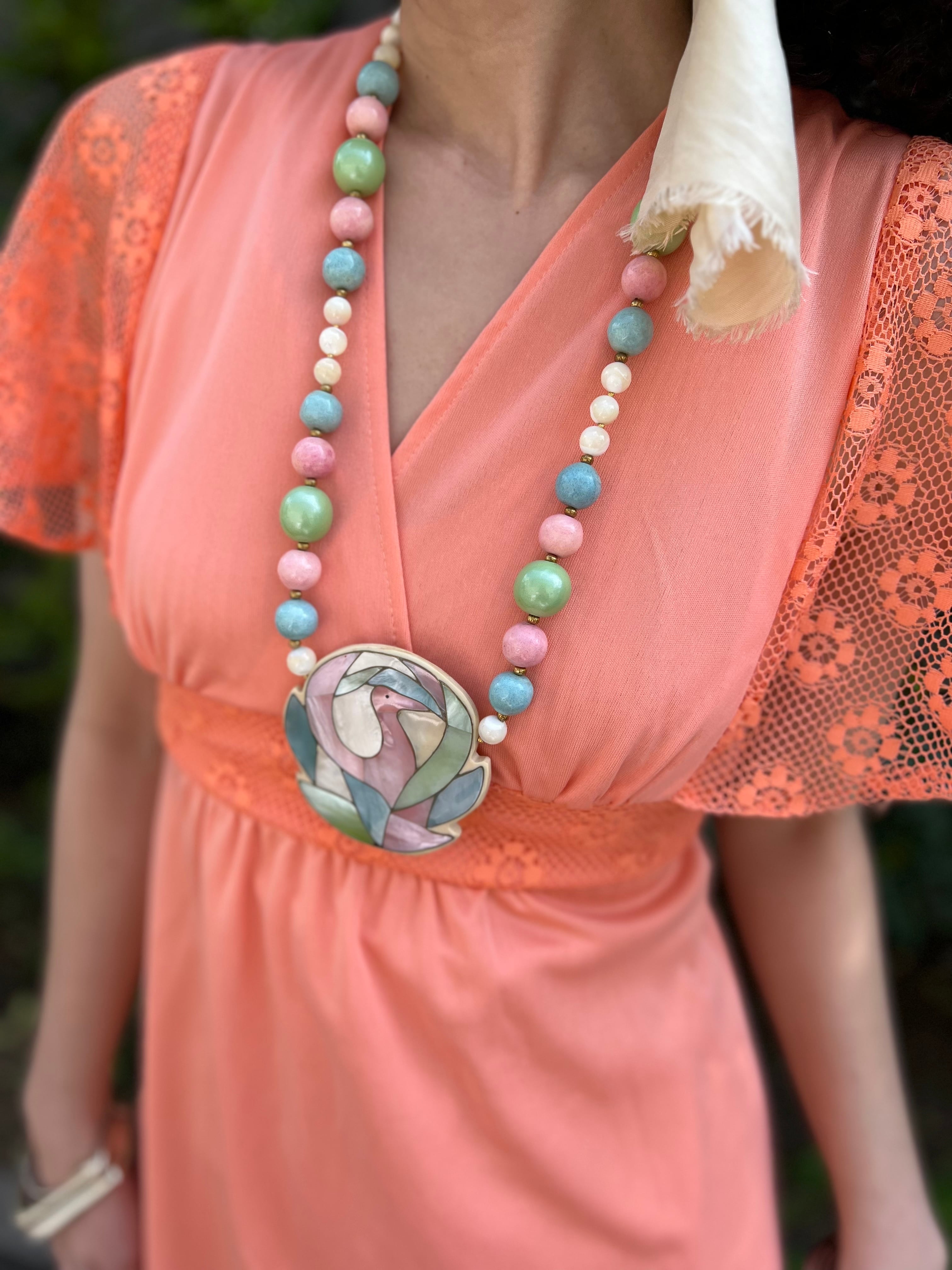 70s salmon pink × floral mesh poly dress ( ヴィンテージ 70s salmon pink × floral mesh poly dress ( ヴィンテージ