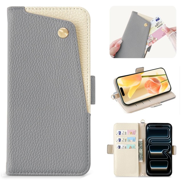 Kahper iPhone 18 Pro/17 Pro 用 ケース 手帳型 バイカラー 表面ポケット いphone18pro 用 ケース ブルー