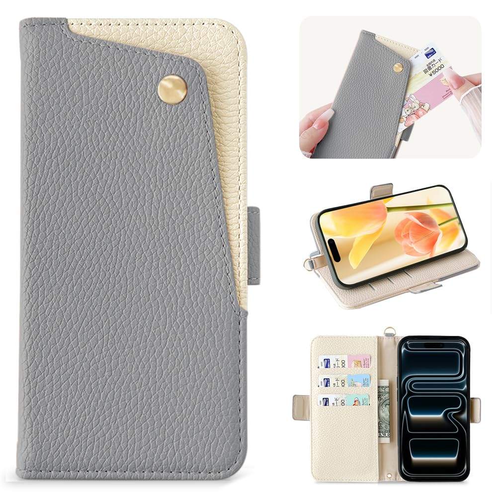 Kahper iPhone 18 Pro/17 Pro 用 ケース 手帳型 バイカラー 表面ポケット いphone18pro 用 ケース ブルー