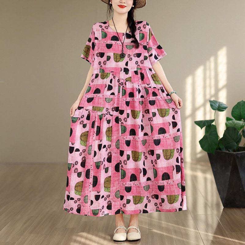 PRINT LOOSE IRREGULAR SHORT SLEEVE MAXI DRESS M-17996
