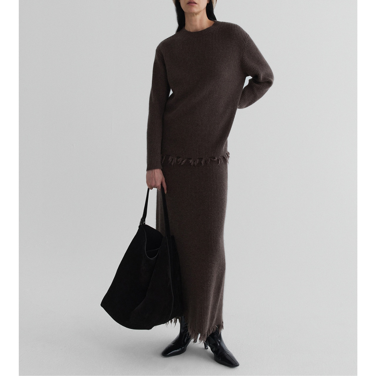 Fringe Midi Length Tight Knit Skirt T4149