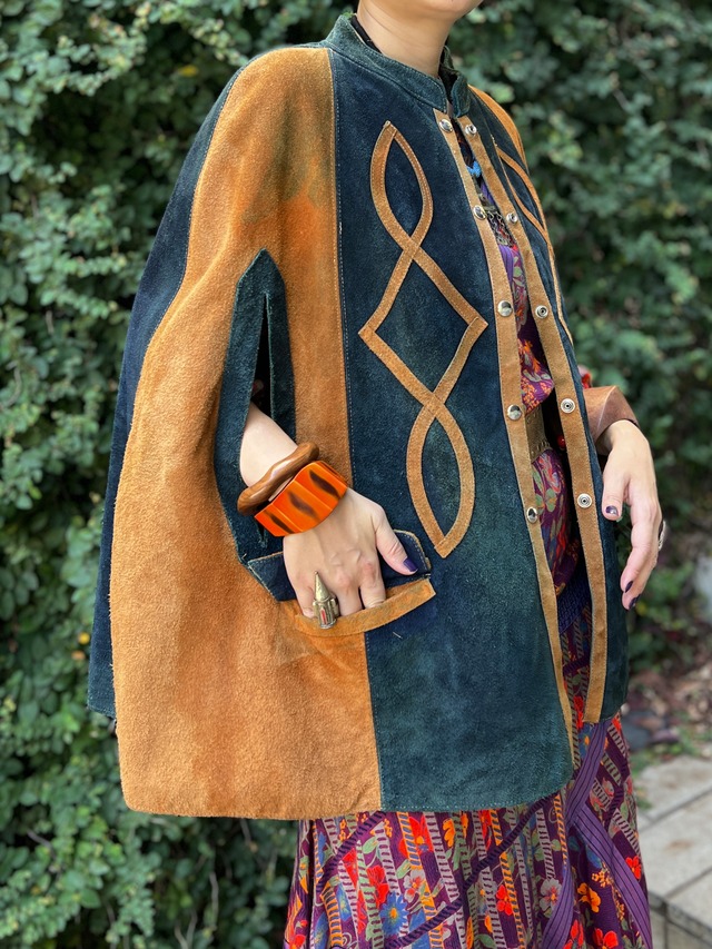 60s-70s navy × camel brown suede cape jacket