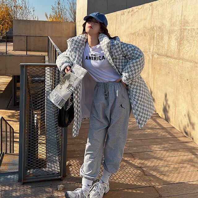 ダウン レディース コート アウター 市松模様 チェック フード付き メンズライク おしゃれ かっこいい 暖かい 冬 レジャー お出かけ ミドル丈 グレー S/M/L/XL