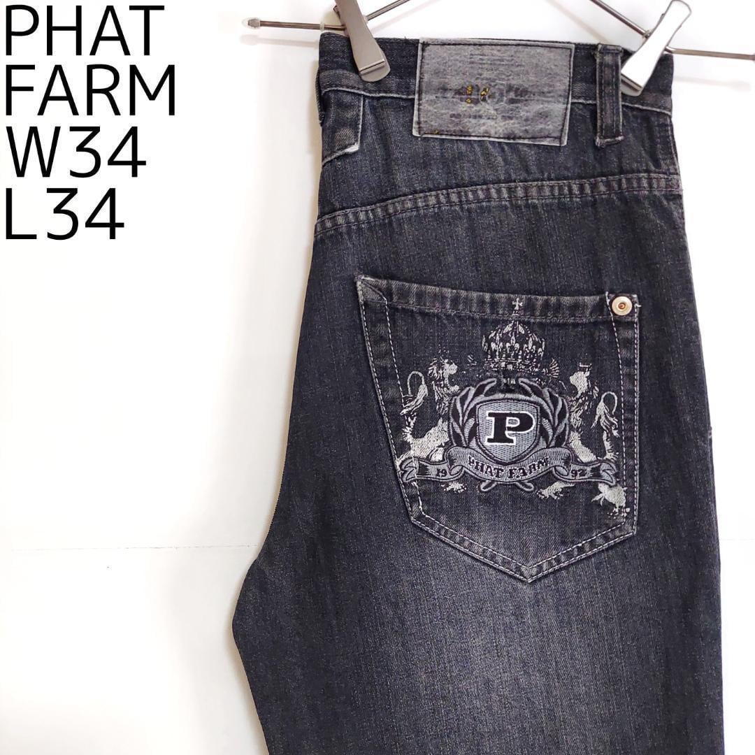 ファットファーム 黒 ブラック ワイドバギーデニム 刺繍ロゴ ヒゲ W34 