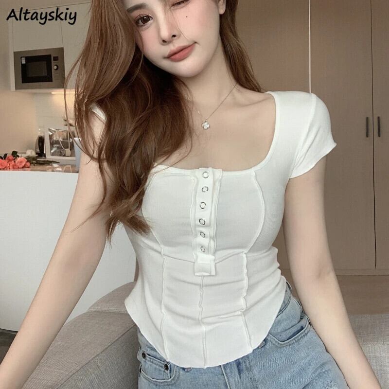 【新作】【送料無料】 半袖 Tシャツ女性のセクシーなデザインねじ糸スキニーエレガントな女性のボタン丈 Tシャツ夏オルスタイリッシュな Mujer 0384141892596