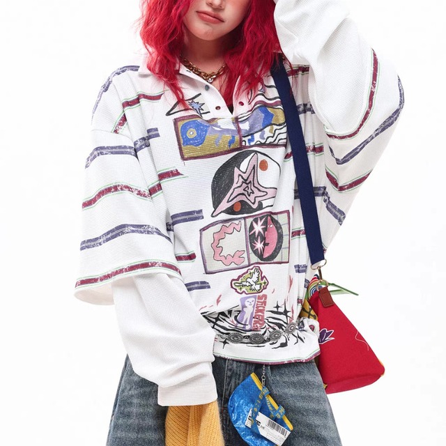 unique art fake two-piece tops　ユニークアートフェイクツーピーストップス　J1709