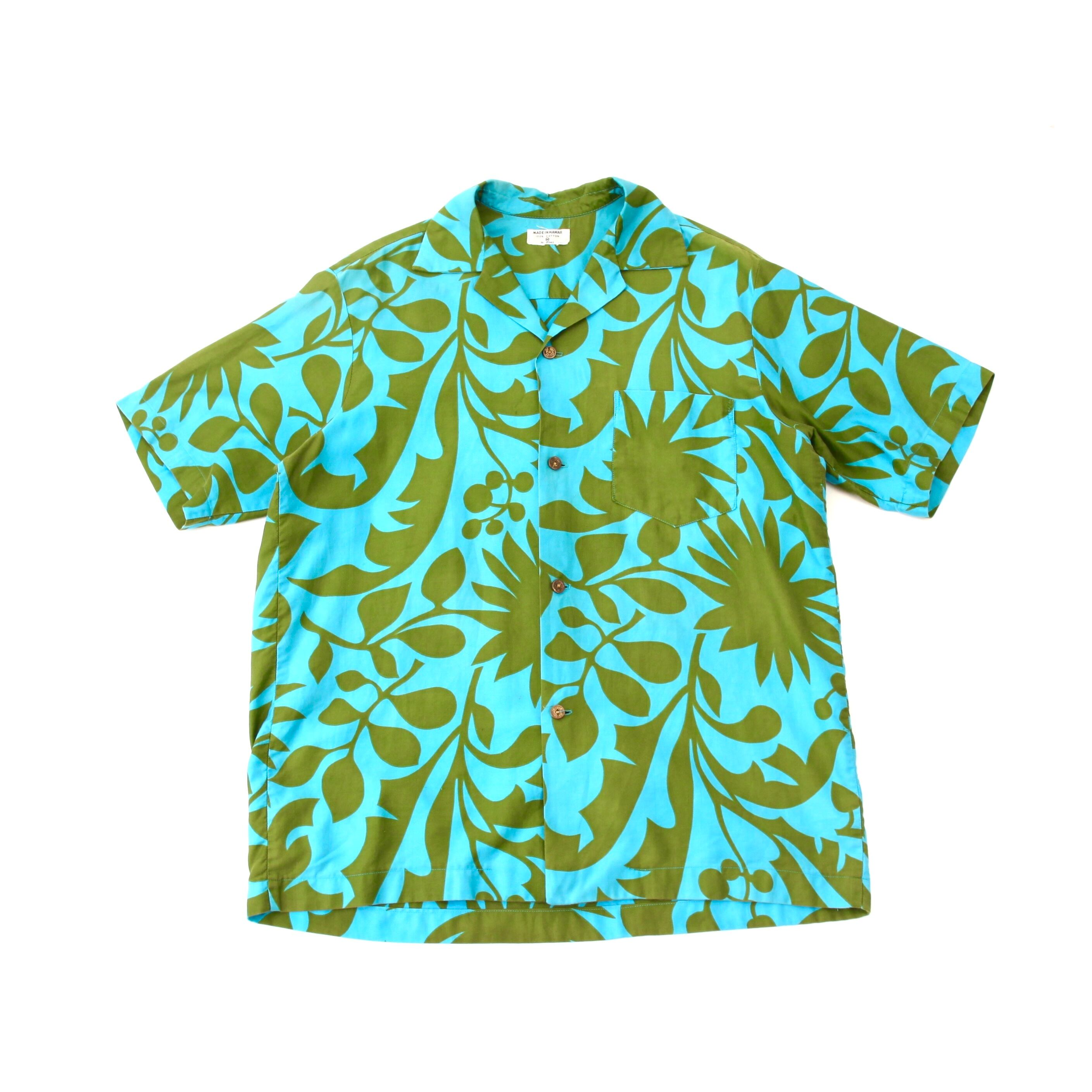 0578. 1960's cotton Hawaiian shirt 総柄 グリーン ブルー コットン