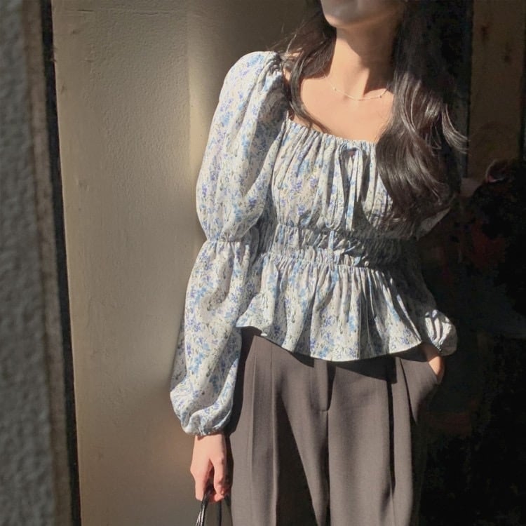 花柄 ギャザー ロングスリーブ ペプラム トップス 00615