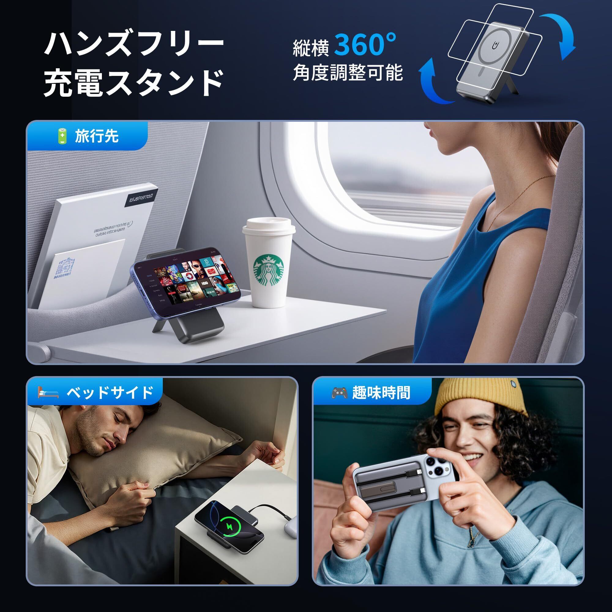Magsafe対応モバイルバッテリー 16800mAh 大容量【ケーブル内蔵・4台