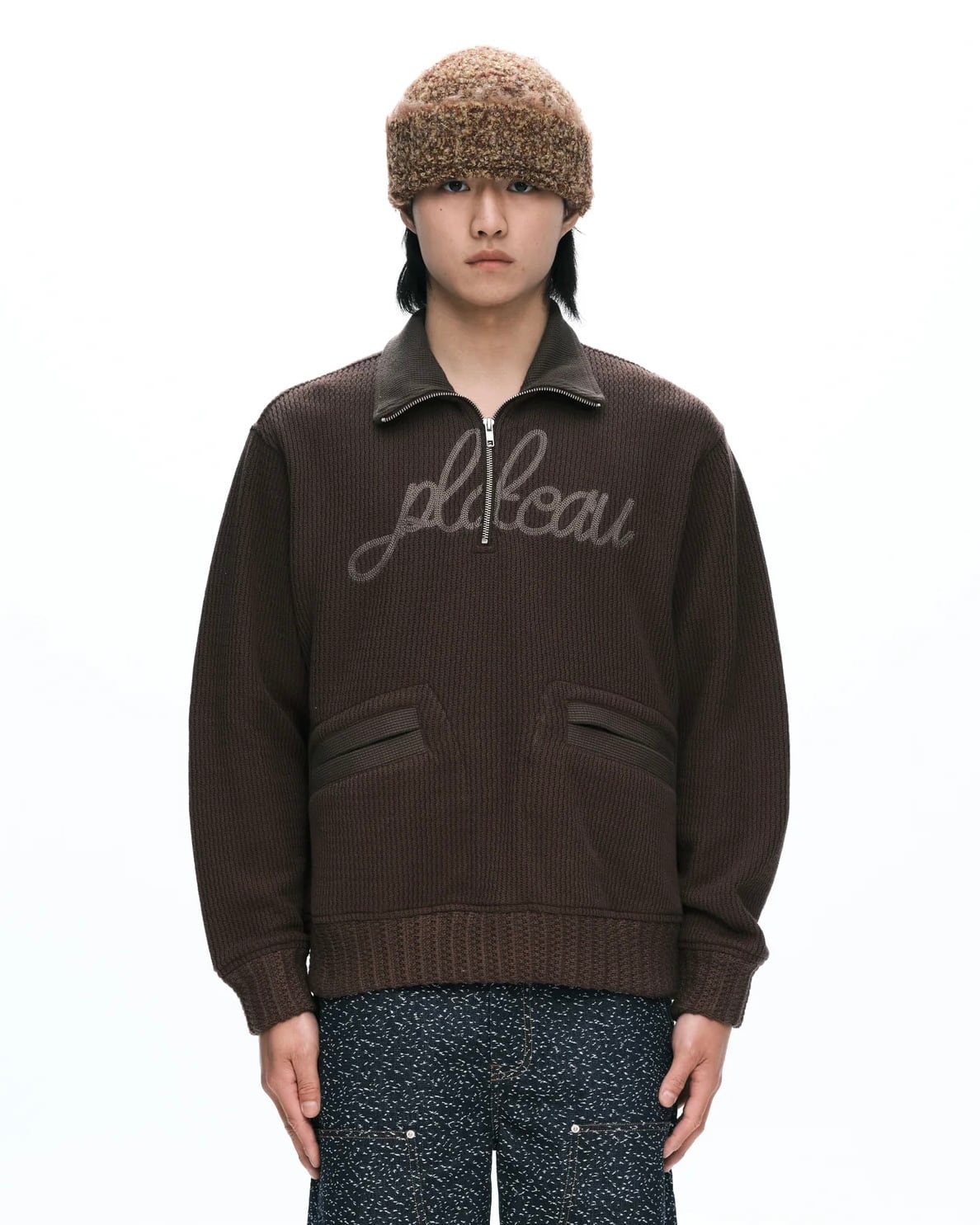 plateau studio【Knitted half zip up -Brown-】