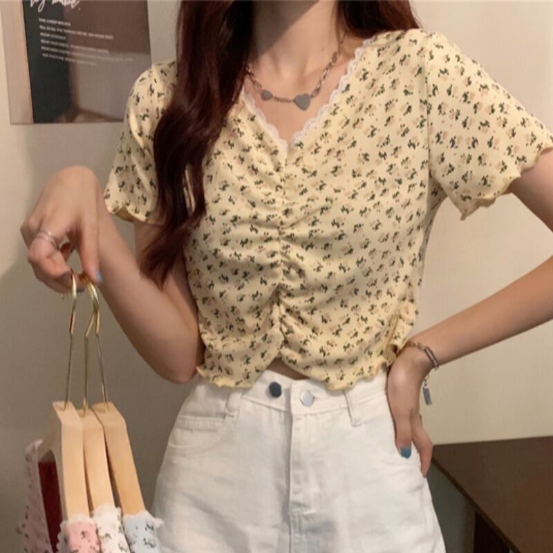 サマースタイルVネックショートレースフローラルシャツ トップス レディース 夏物 花柄 ステッチ ハンチェンe80171914495