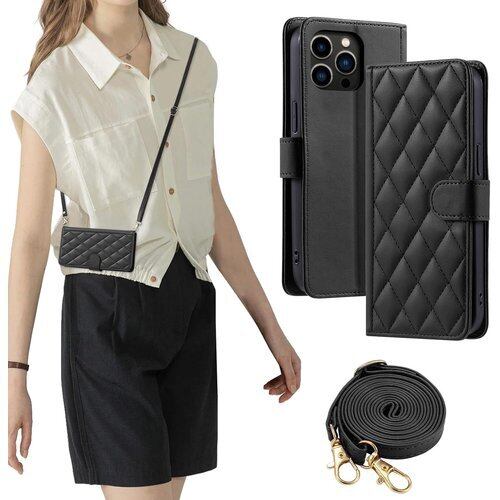 laddutoi FOR いphone13 pro ケース iphone 13pro ケース 手帳型 おしゃれ ストラップ付き スタンド機能 カード収納 軽量 薄型 耐衝撃 高級PUレザー 滑り防止 財布型 内蔵マグネット 開閉式 チェック柄 上質 耐摩擦 マグネット式 肩掛け 斜め掛けーブラック 2654