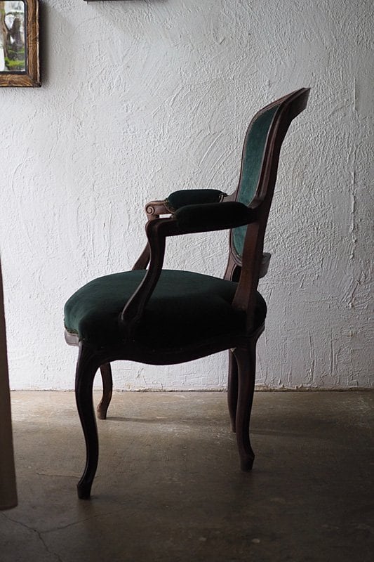 深いグリーンモケット張り 肘掛け椅子-antique french arm chair