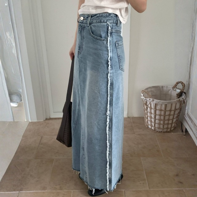 Fringe Patchwork Crossover Denim Skirt　204715