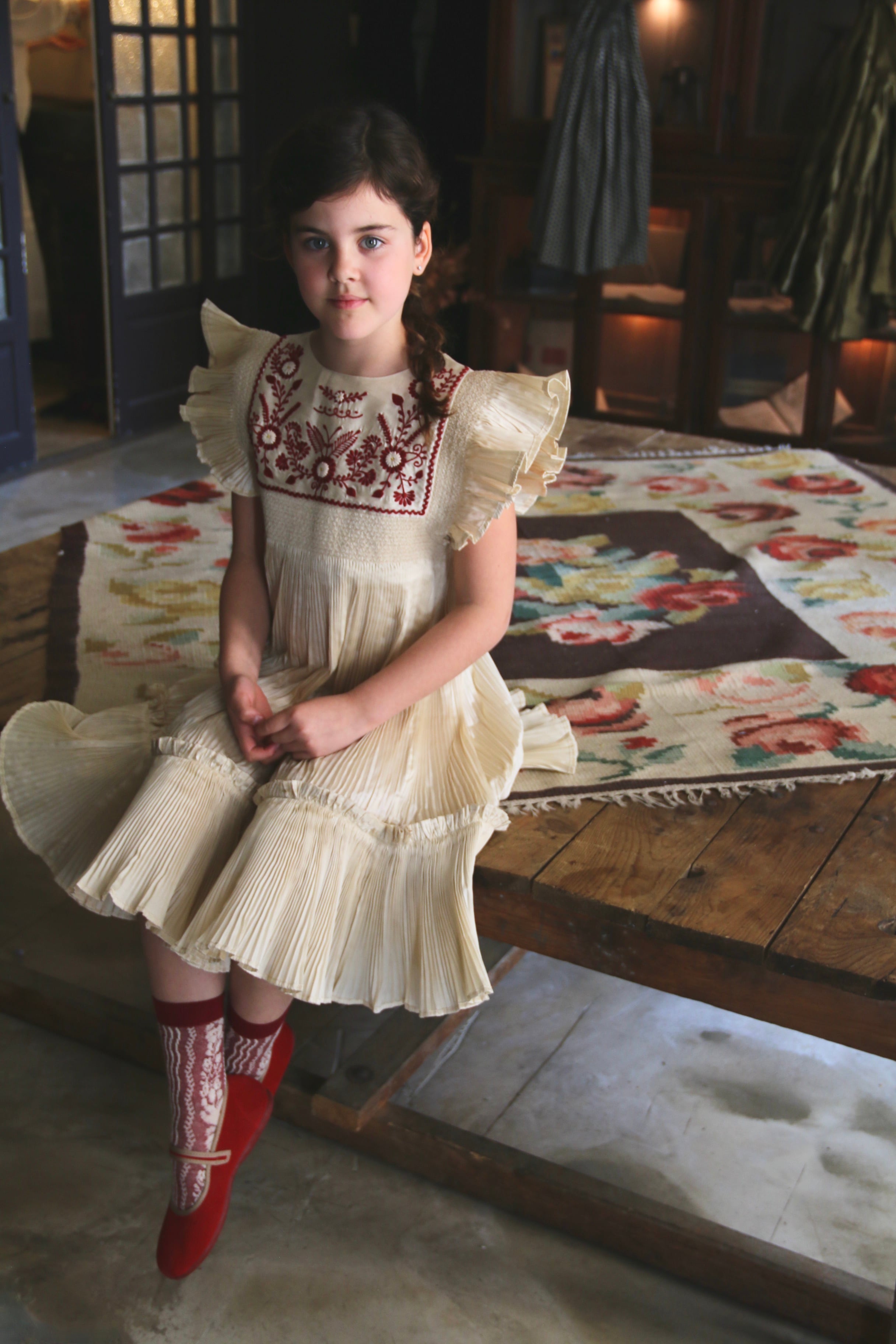 Bonjour diary ワンピース スカート ドレス 6y BONJOUR DIARY Dress pleated ivory taffetas 2-6y | RESONASON