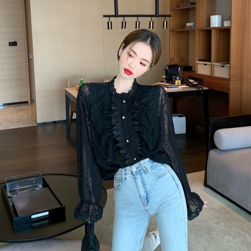 レースシャツ レディースルーズスタイルホワイトスプリングオータムトップス ロング 春物 秋物 ブラックストロベリース39628284266