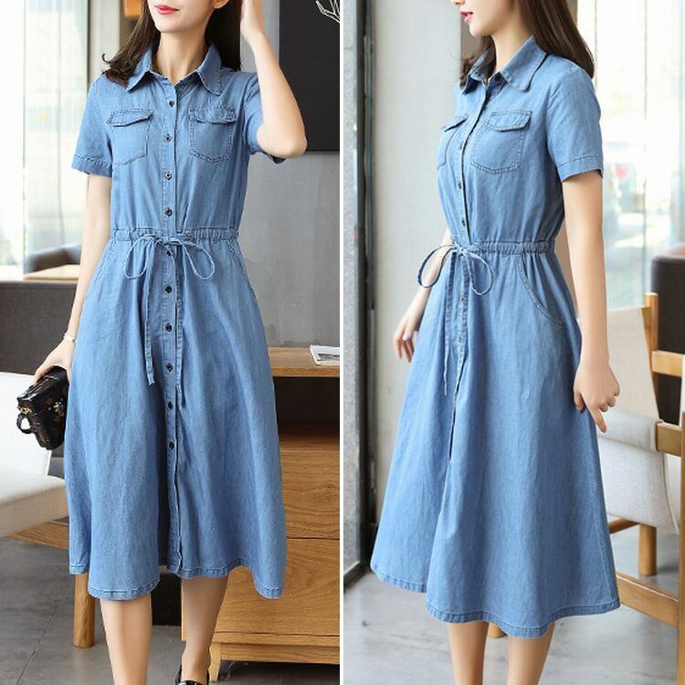 レディース デニムシャツワンピース デニムワンピース 半袖 春コーデ 夏コーデ Loose Thin Short Sleeved Long Section Denim Dress Swing Skirt Dct Value Rave Notice バリューレイヴノーティス 韓国ファッションやハワイアンジュエリーなど海外通販