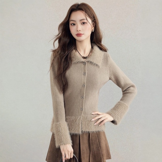 トップス 折り襟デザイン フリンジ  ニット インナー ボディコン 長袖 ブラウン S M L
