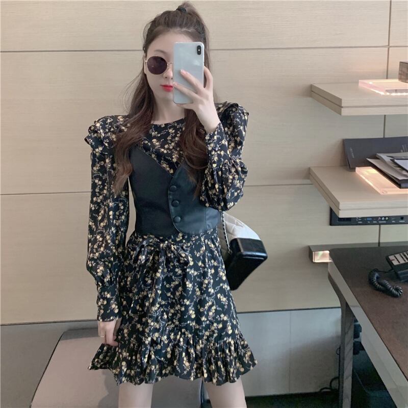フリルフローラルウエスト長袖ワンピース女性2020年秋新作ショートスカートブラックスリムスカート ブラックストロベリース95669930912