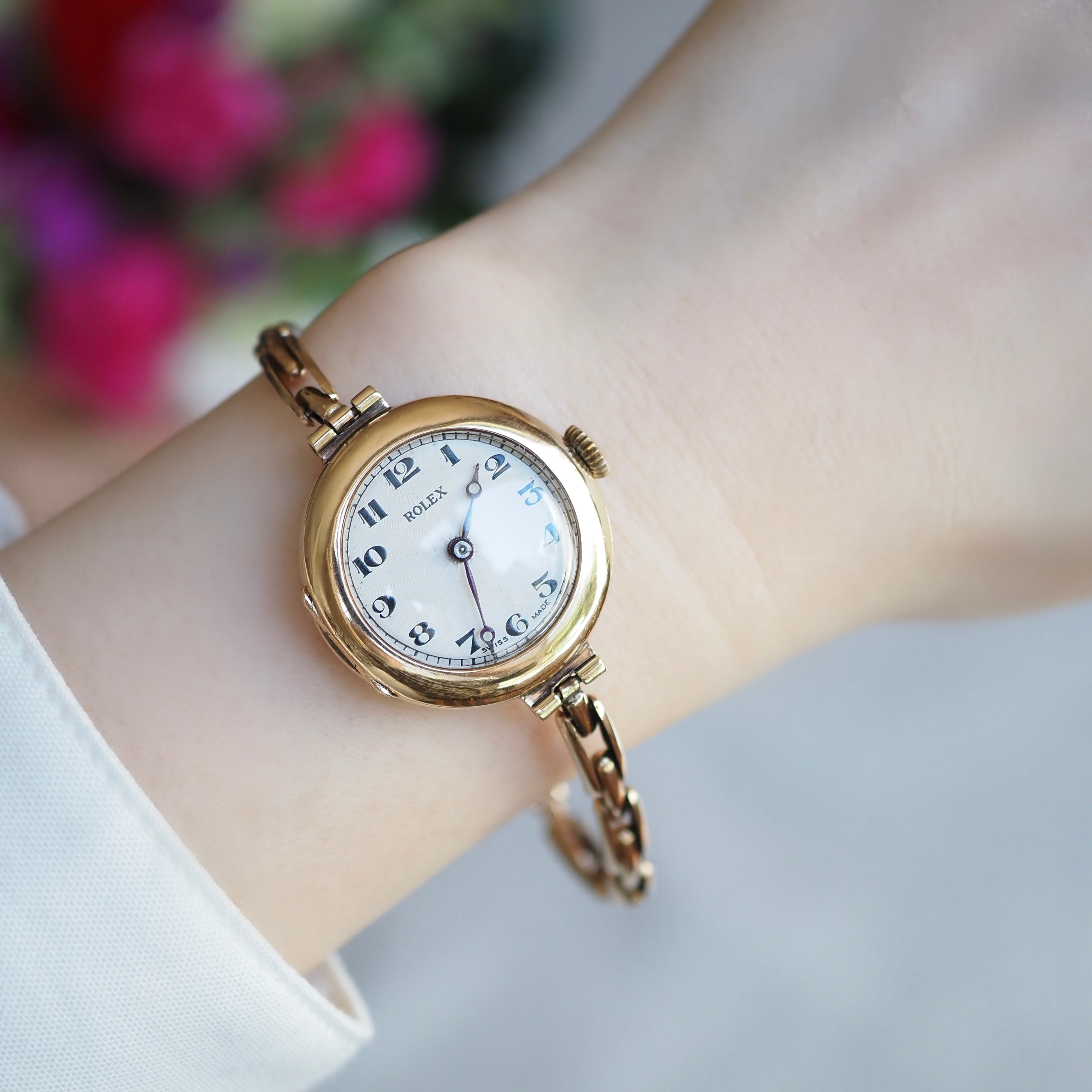 OH済 希少 ロレックス 英国製 金無垢 YG アンティークウォッチ OH済 ROLEX ロレックス 9金無垢 1930s ギョーシェ文字盤 アンティーク