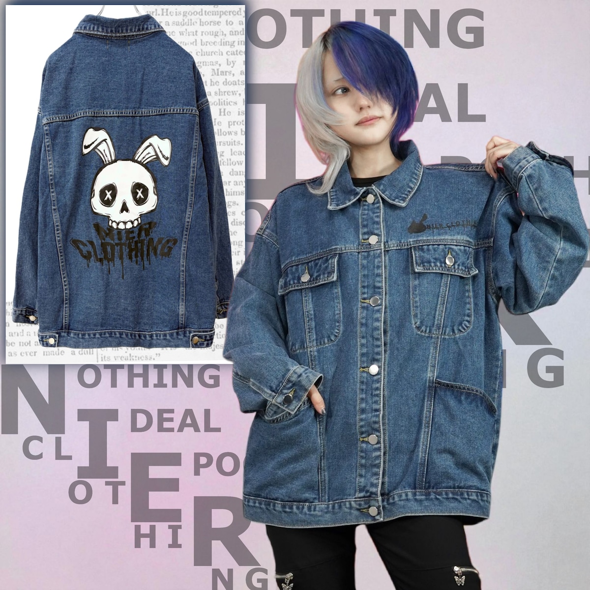 デニムジャケット ポパイ　イラストアート 11月18日限定目玉大特価》SKULL BUNNY BACKPAINT BLUE DENIM JACKET