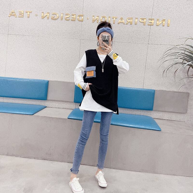 スプリングラウンドネックTシャツ カラーソリッド ポケット ロング 春物 Oネック ソリッドカラー ミックスインファッション68241081612