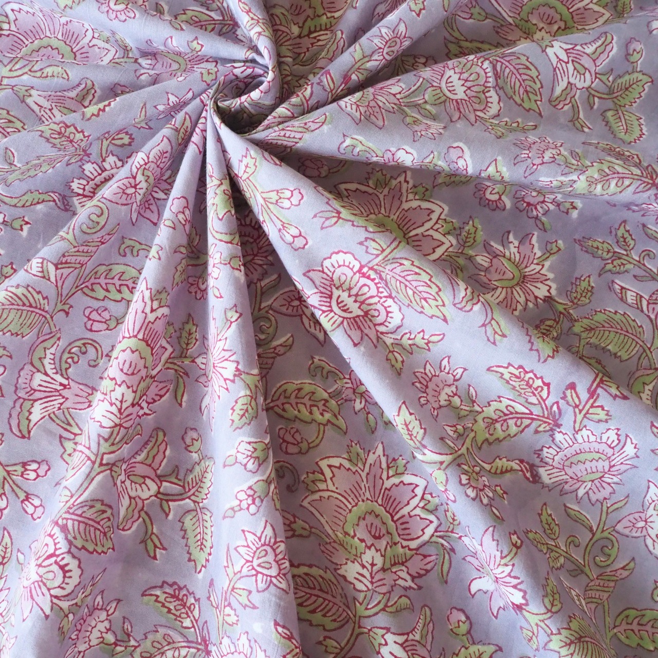 ブロックプリント生地【50cm単位】インド綿 花柄 くすみパープルグレー×ピンク #26059-PR1