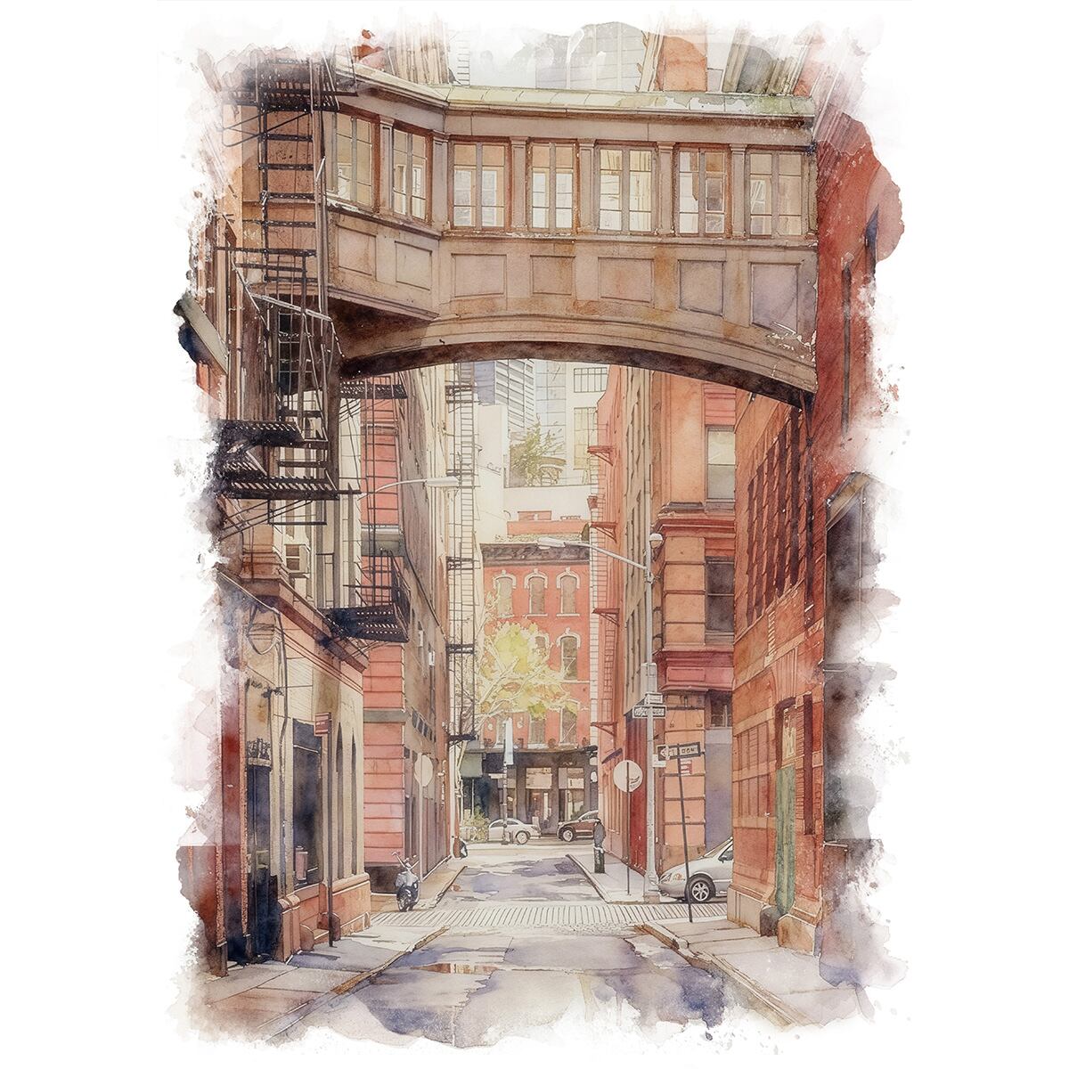 絵画 風景画(街並み)アメリカ ニューヨークステープル・ストリート インテリアアート額付き 水彩画・油絵風 WAT1405