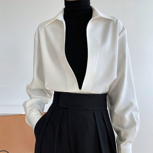 シャツ レディース 大きいサイズ 無地 トップス 長袖 袖あり S M L XL ホワイト ブラック ブルー 白 黒 青 Vネック レトロ 通勤 通学 学生 社会人 OLシャツ