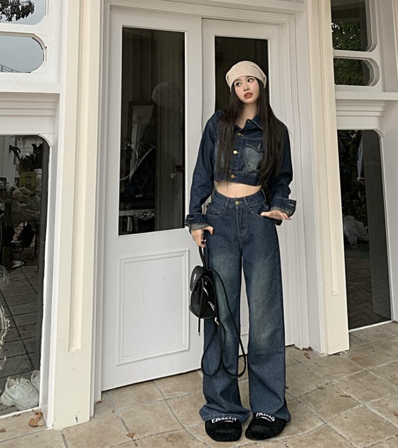 usedライクなセットアップ♪ クロップド丈 デニムジャケット デニム