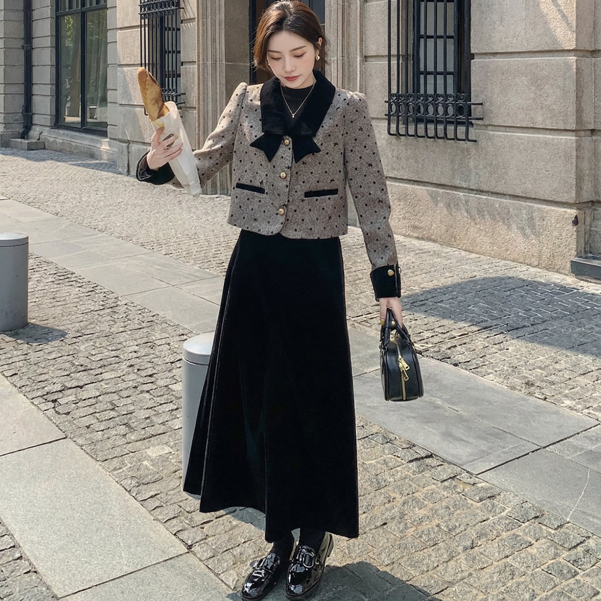 Polka dot ribbon jacket and velvet skirt【2set】00213