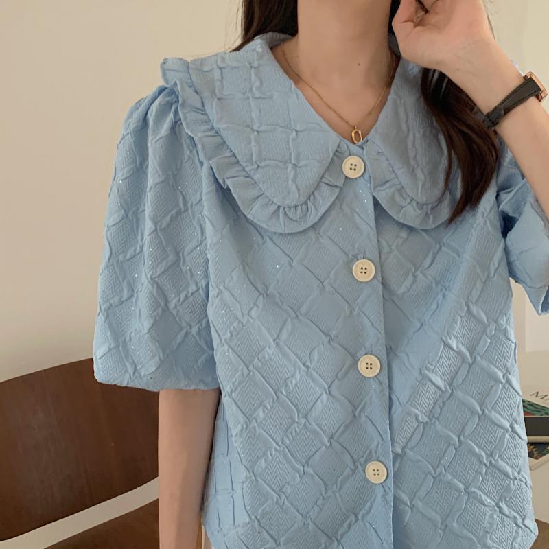 トップス レースカラー半袖スリーブシングルブレストシャツ サマーレディース ショート ハーフスリーブ 夏物 ビッグFスモールZ韓国47405687714