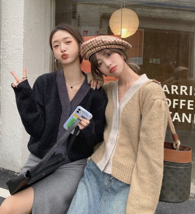 スタンダードルーズニットセーター オータムVネックカーディガントップス ロング レトロ 秋物 モンロー64161175857