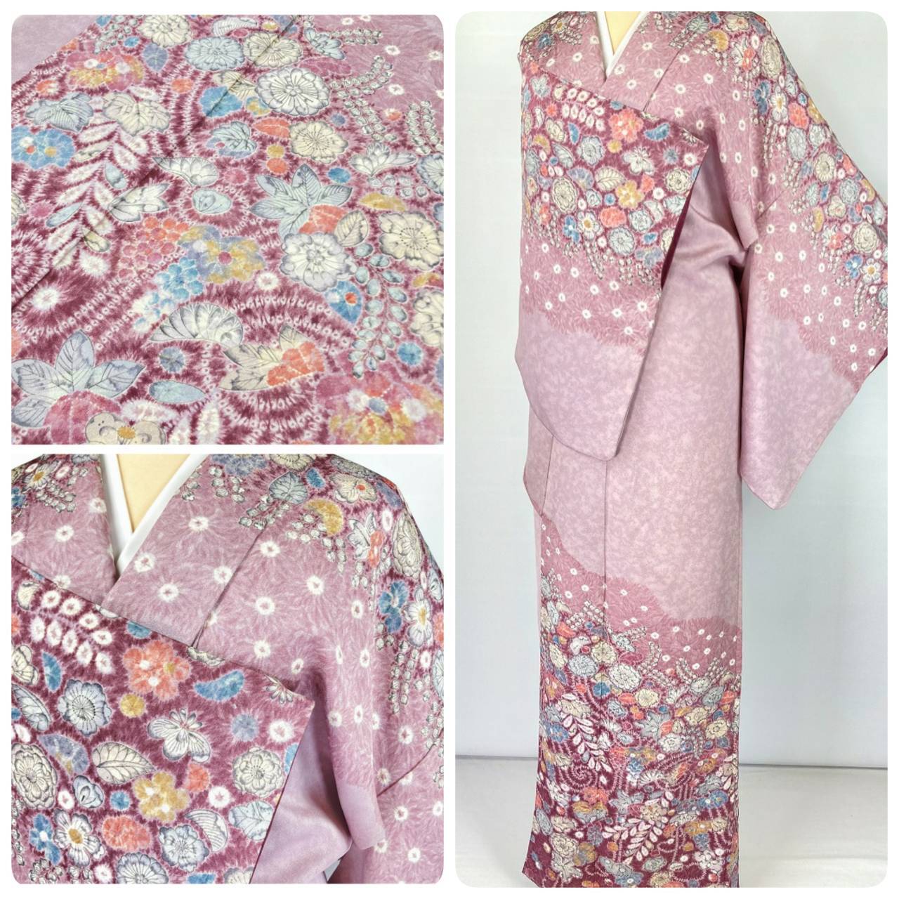 銀通し 辻が花 絞り 訪問着 正絹 紅藤 紫色 797 | kimono Re:和