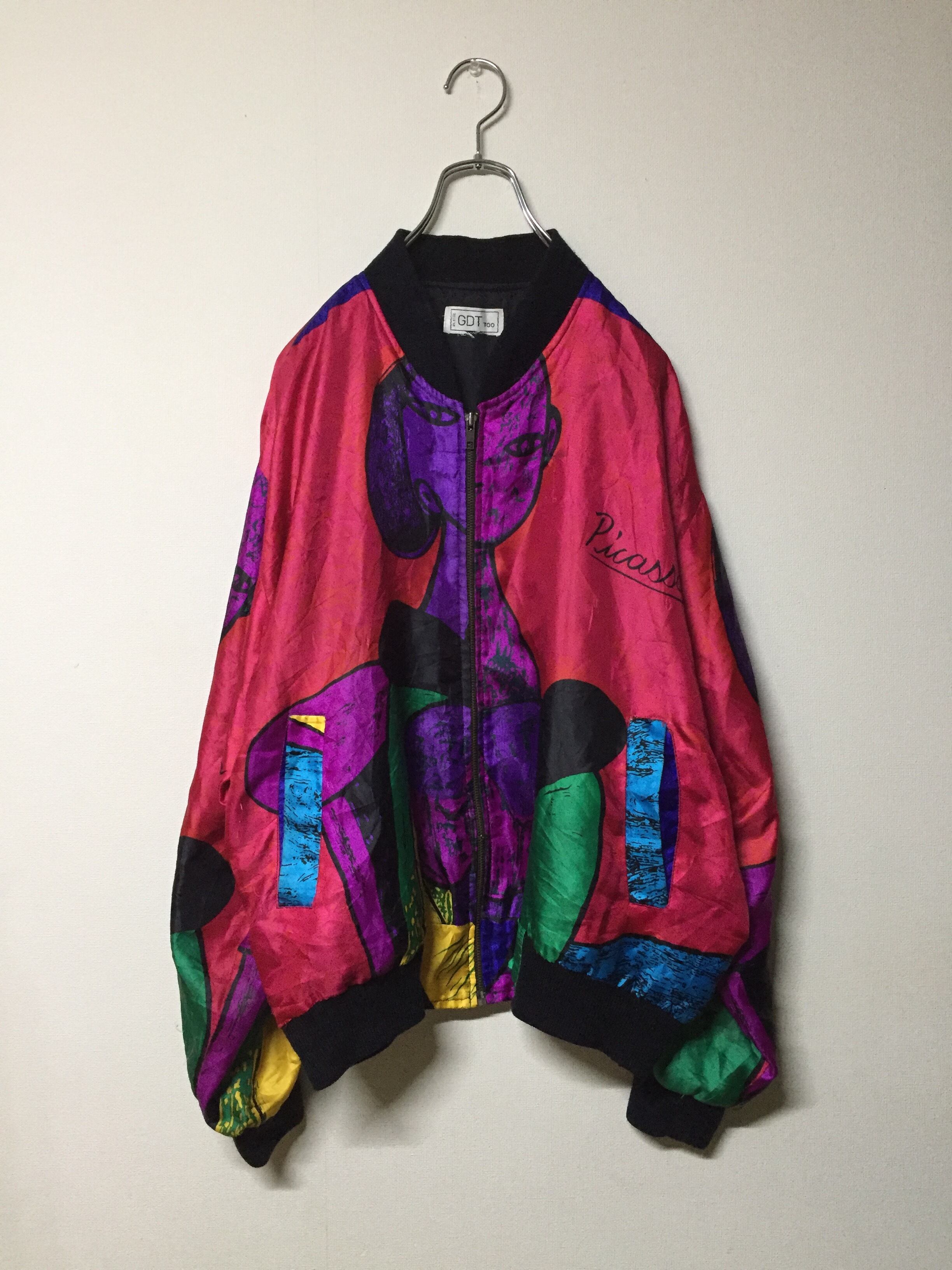 古着屋□□□□_jacket〜90s Piaasso ピカソ　ブルゾン　総柄　アート　赤リブ　中綿　ピンク系