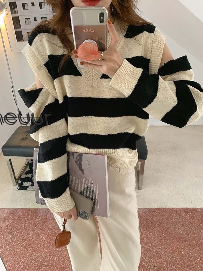 スリーブセーター ストライププルオーバー ニットトップス ビッグFスモールZ韓国53916881920