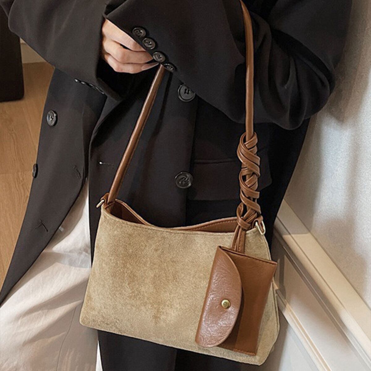 スエード調 ショルダー バッグ ポーチ付き レディース 韓国 小さい コンパクト 通勤 軽量 PUレザー 大人 きれいめ シンプル カジュアル OL ビジネス スクエアバッグ 上品 レトロ おしゃれ 大人可愛い 大人女子