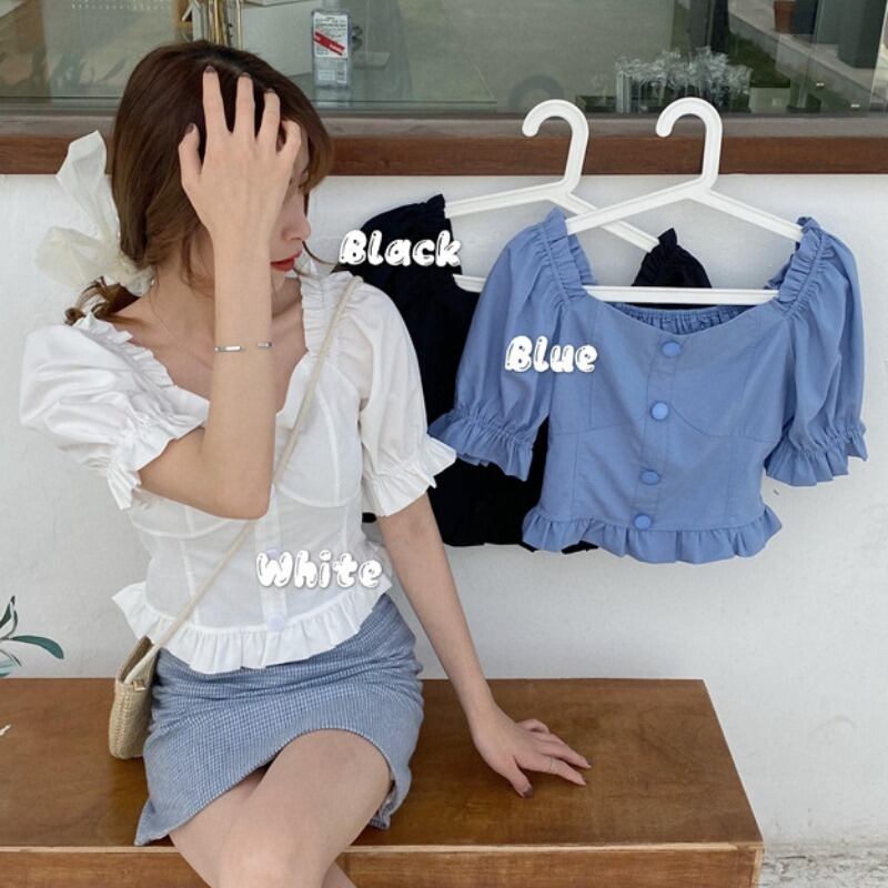 パフスリーブトップ2020夏新作レディースホワイトブレストスクエアネックシックスリムシャツショートシャツトレンド 1号婦人12543778324