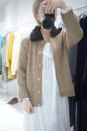fur collar rib knit cardigan