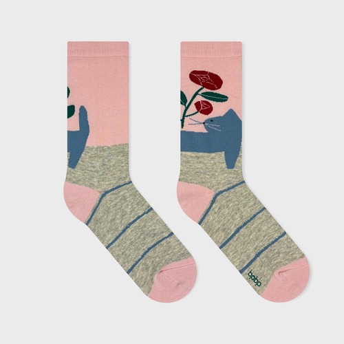 【JIN KITAMURA】北村人 SOCKS RED FLOWER & CAT ソックス 赤い花と猫
