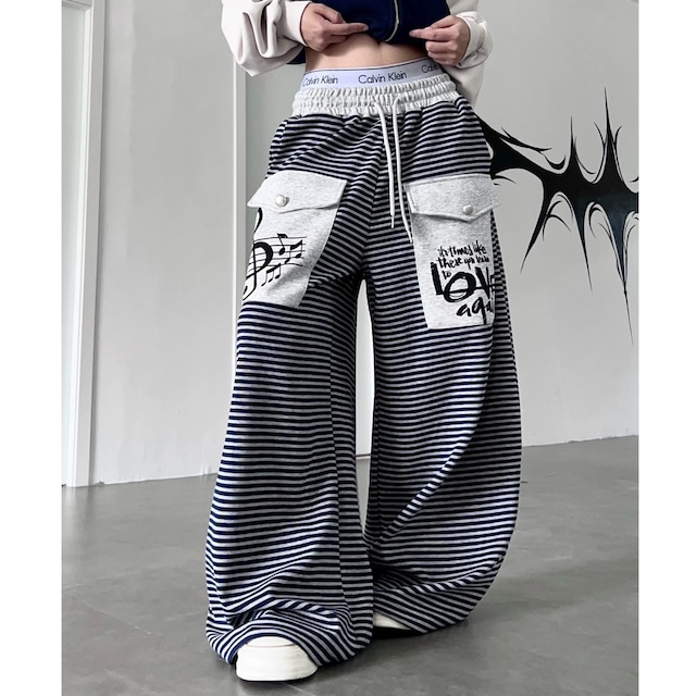 ミュージックグラフィックボーダーワイドシルエットパンツ 1col R02817