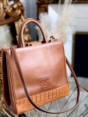 LOEWE 　ロエベ　アナグラム　クロコ型押し　2way　ハンドバッグ　トートバッグ　ベージュ　vintage　ヴィンテージ　オールド　she7e7