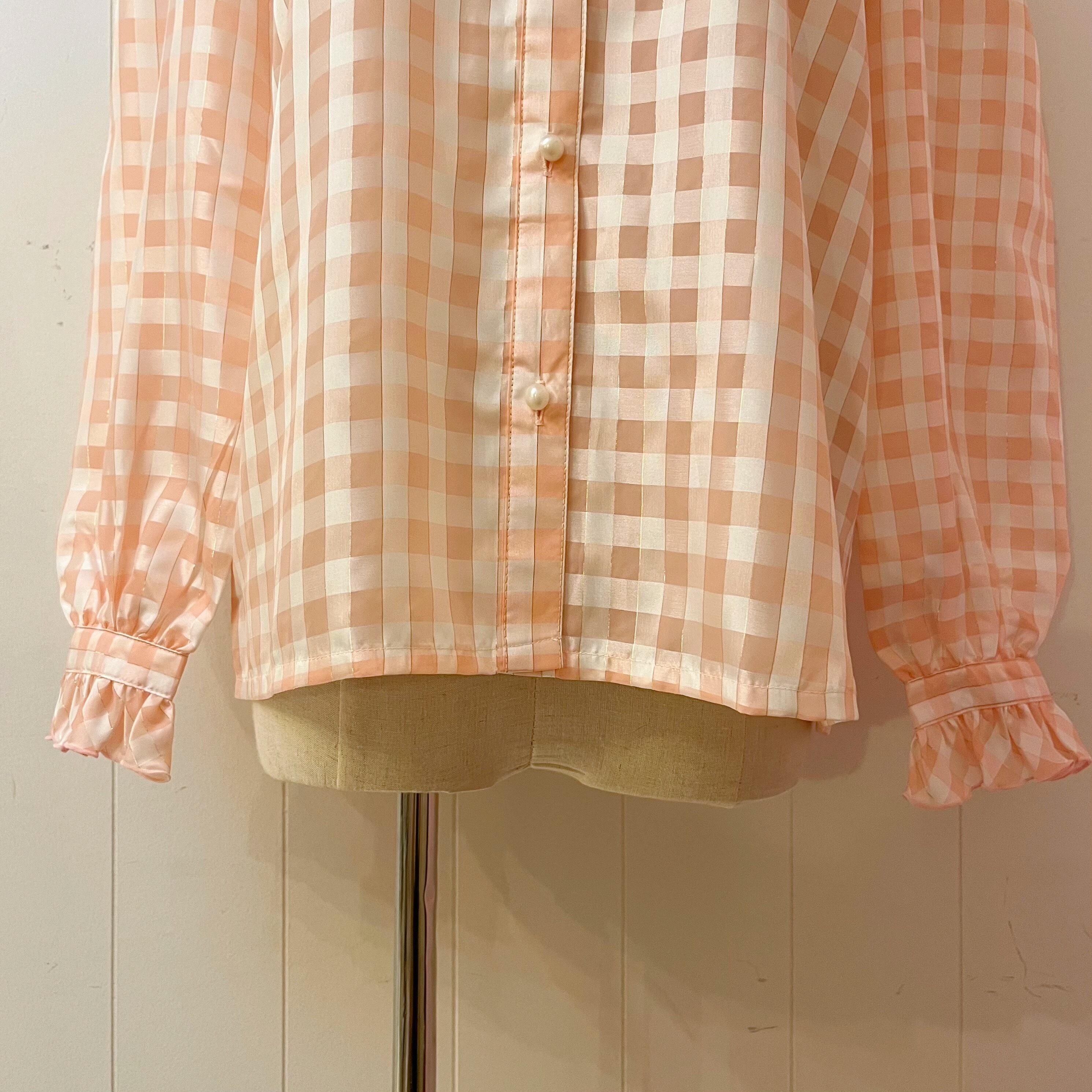 pink check frill stand collar blouse