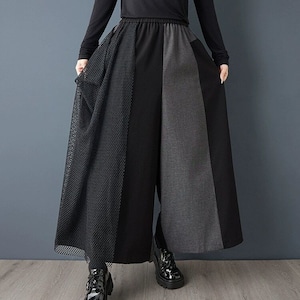 MESH STITCH ELASTIC WAIST CONTRAST WIDE LEG PANTS 1color M-15079