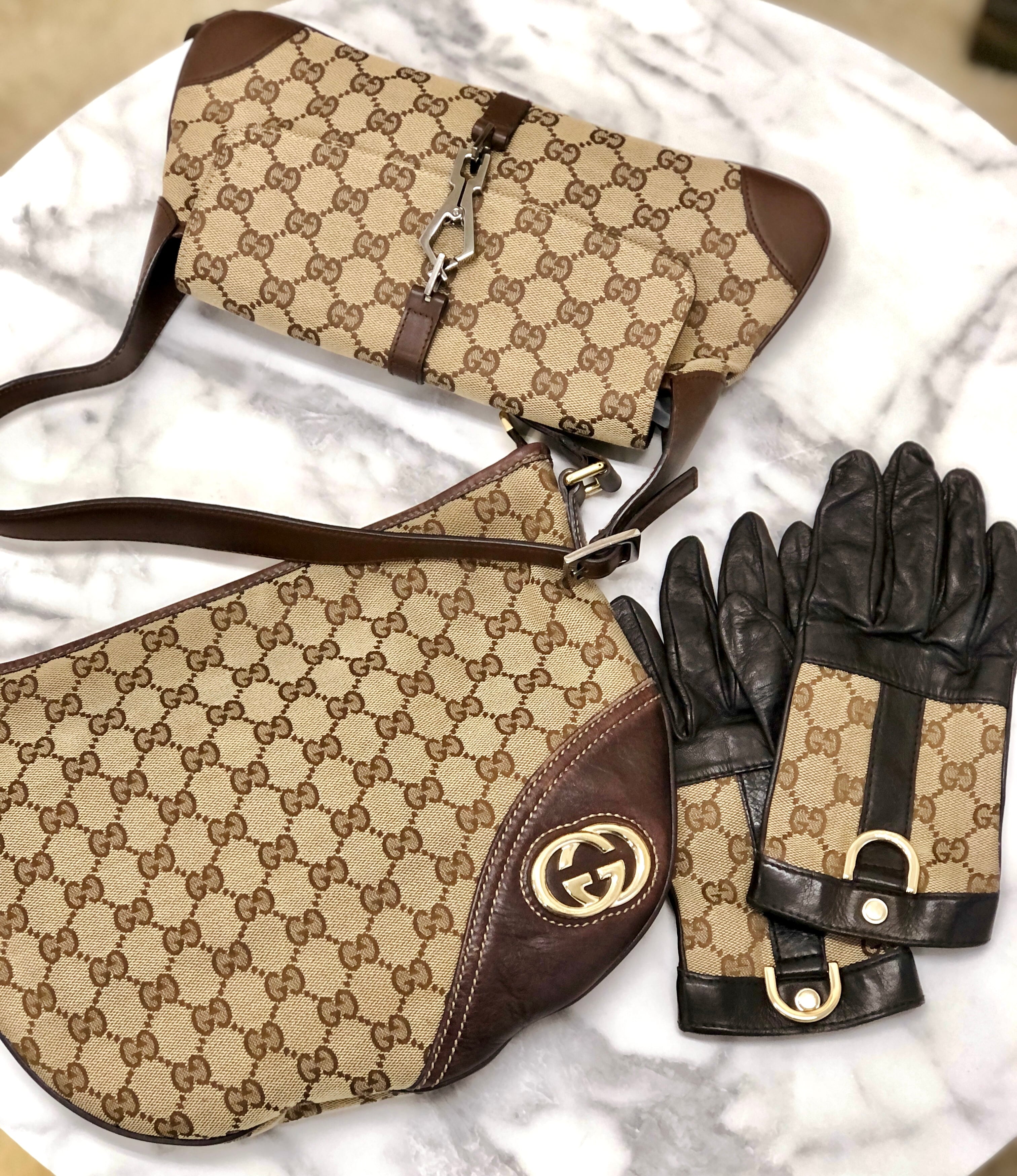 GUCCI グッチ GGキャンバス×レザー グローブ 手袋 ブラウン×ベージュ