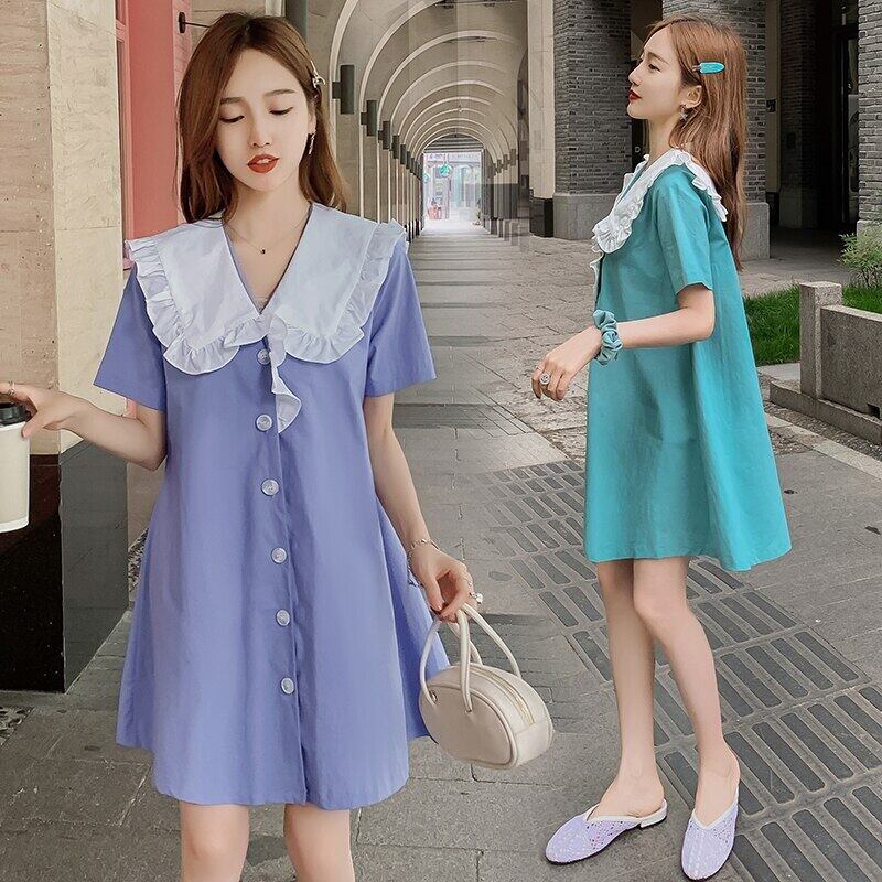 【新作】【送料無料】 509＃マタニティ服夏半袖ターンダウン襟ゆるい痩身ドレス妊婦妊娠服 ショート ハーフスリーブ サマー 夏物 AL expec343857911081