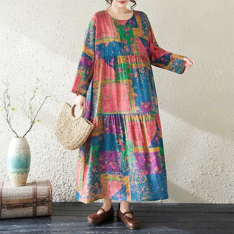 PRINT BOAT NECK A-LINE LONG PULLOVER DRESS 1color M-15845