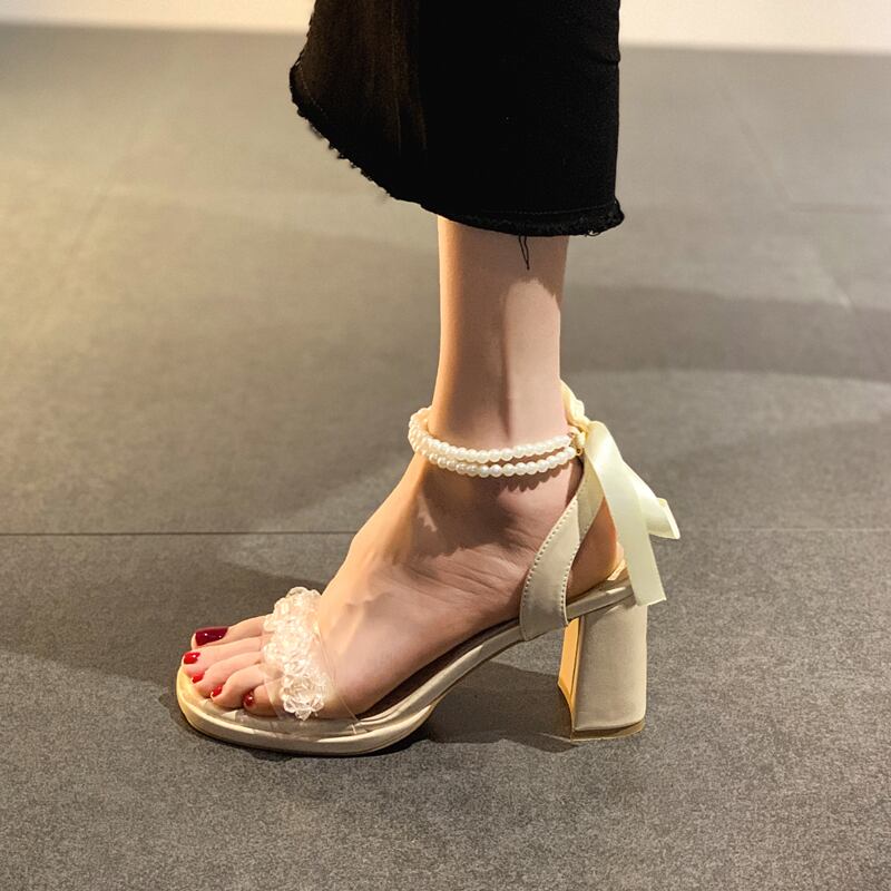 サンダルサマースタイルパールストラップ ヒール ハイヒール 靴 シューズ 夏物 真珠 フェイクシューズ54600157491